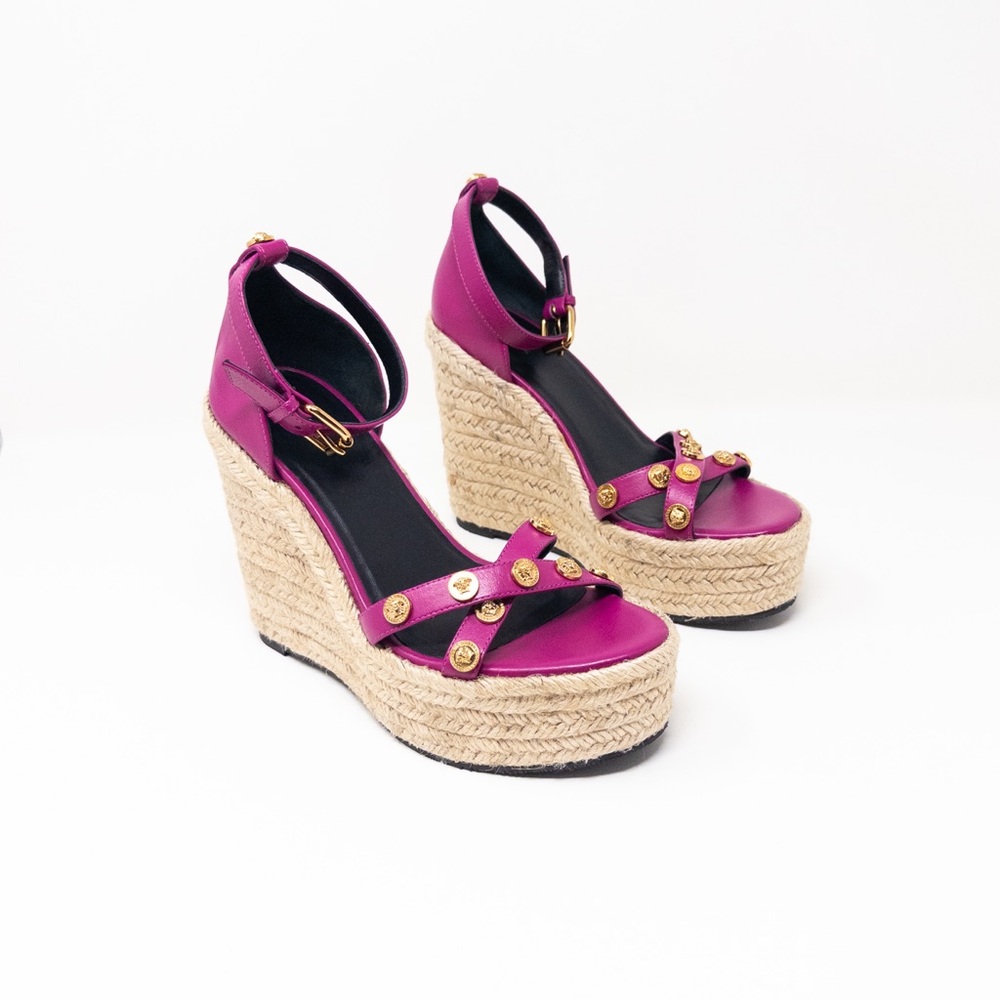 Versace Medusa Espadrille Platform Wedge Sandals EU 38 Crisscross Orchid Pink